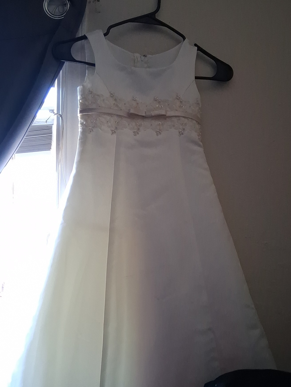 David's Bridal White Satin Flower-Appliqué Girls Dress
